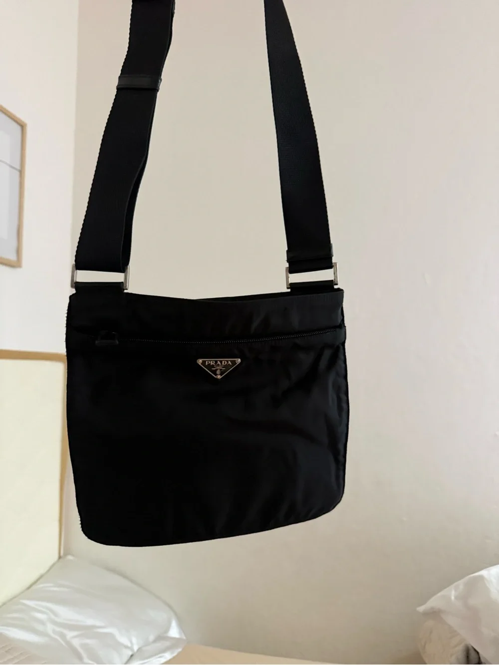 Prada Black Nylon Messenger Bag with Silver Logo Plaque